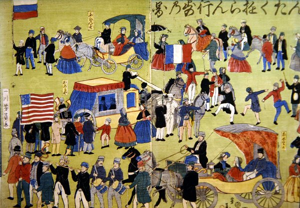 Visitantes americanos, holandeses e franceses chegando a Yokohama no Japão, c.1860 (xilogravura colorida) de Japanese School