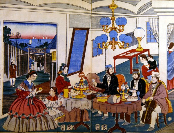 Família americana ou europeia no Japão, c.1860 (xilogravura colorida) de Japanese School