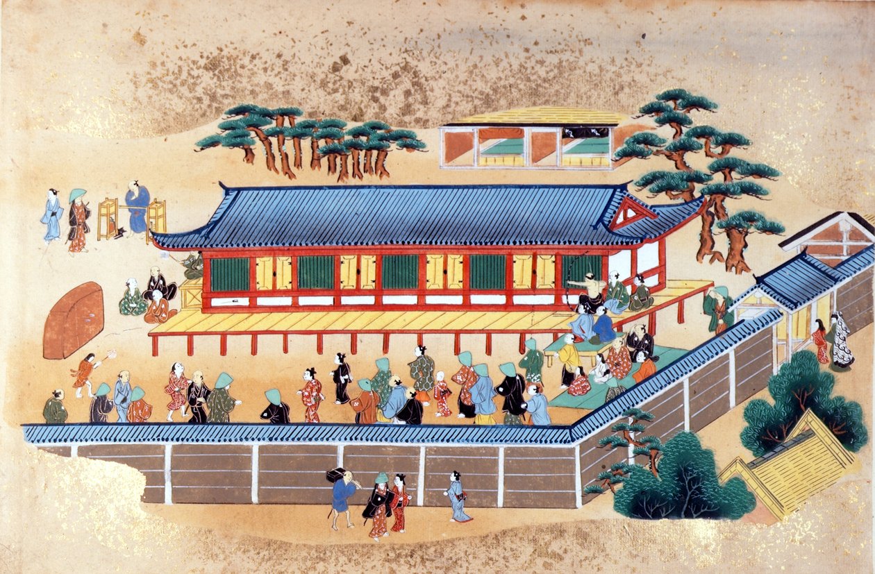Um concurso de tiro com arco, ilustração da "Colecção Kaempfer de Arte Japonesa e Chinesa" de Engelbert Kaempfer, c.1672 (cor litho) de Japanese School