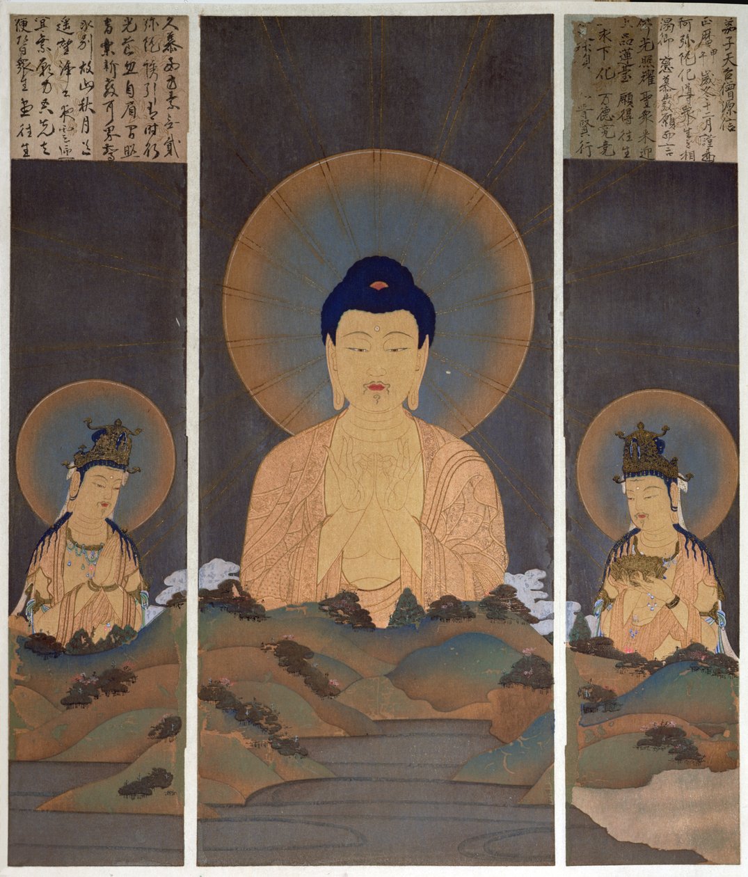 Aparição da Trindade Budista, Buda Amitabha e os seus dois Bodhisattvas, Kannon (Compaixão) e Seishi (Sabedoria) na montanha, ilustração da revista "Kokka", janeiro de 1909 (litografia a cores) de Japanese School