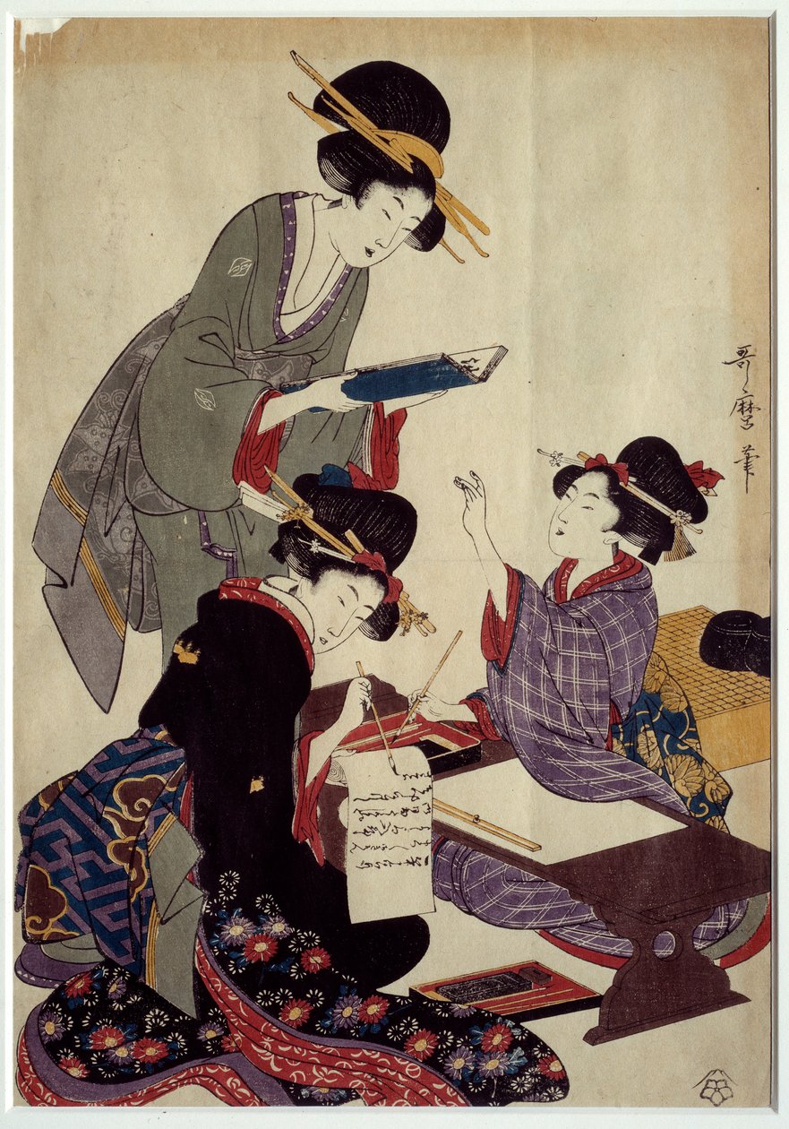 Art Japan: escrevendo o jogo shogi (jogo tradicional de xadrez japonês). Estampas do século XIX. Coll. Move. de Japanese School