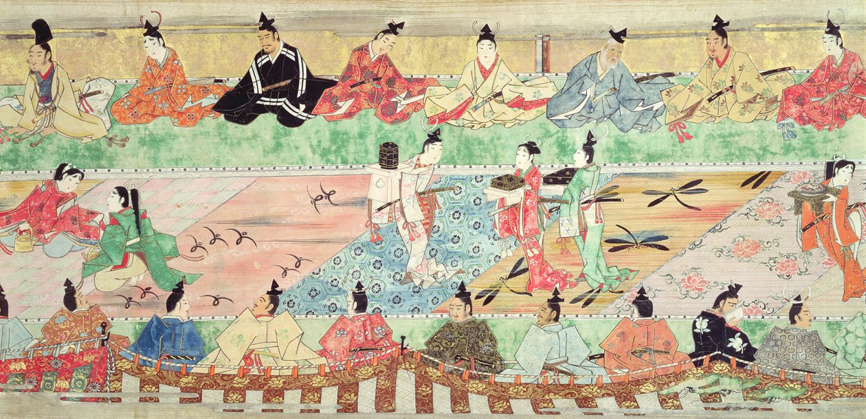 Cena de banquete de um handscroll pintado do Conto de Muramatsu, do início do século XVII (caneta e tinta, wc, guache, prata e ouro sobre papel) de Japanese School
