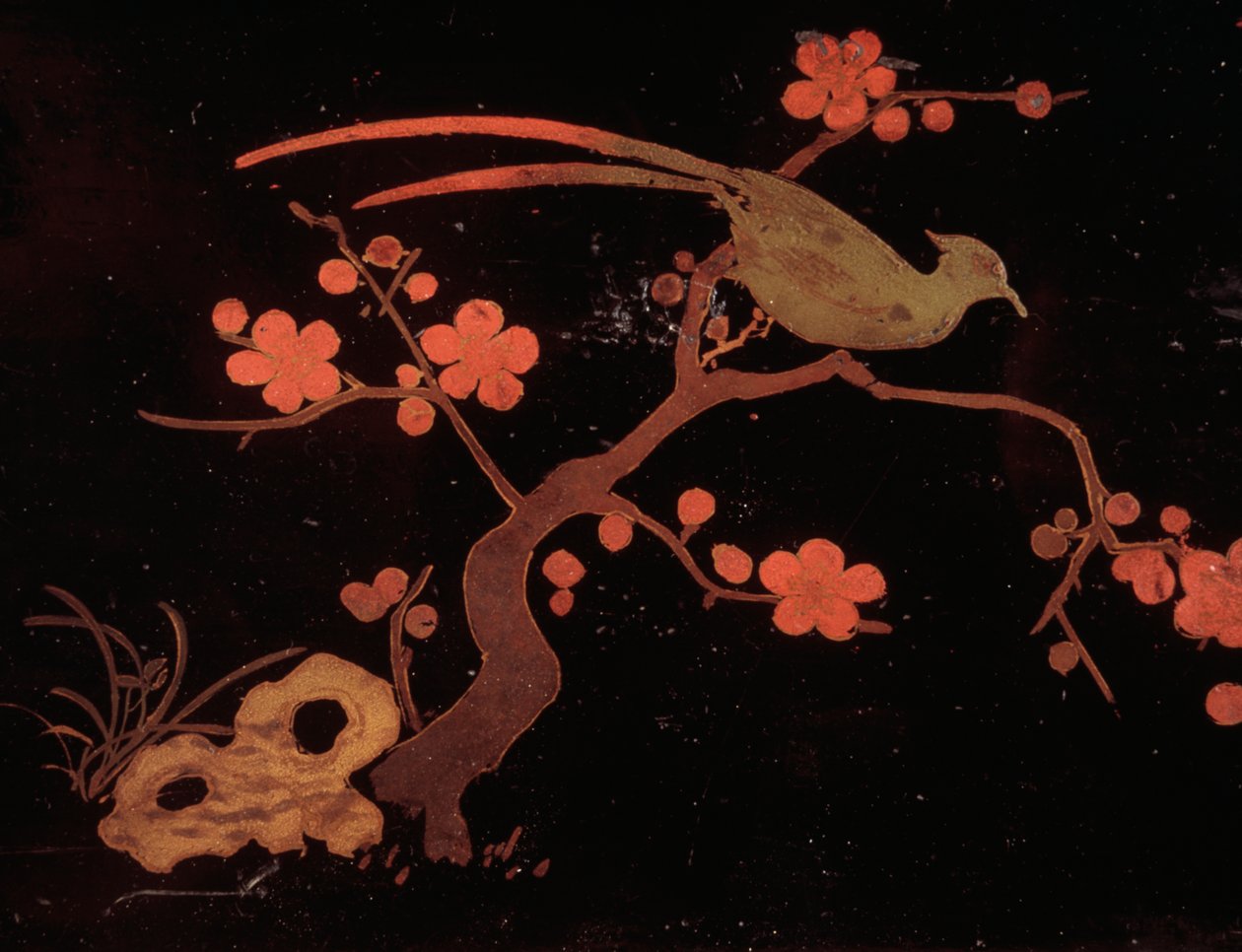 Motivos ornitológicos e florais, Caixa de madeira e bunko lacado de Japanese School