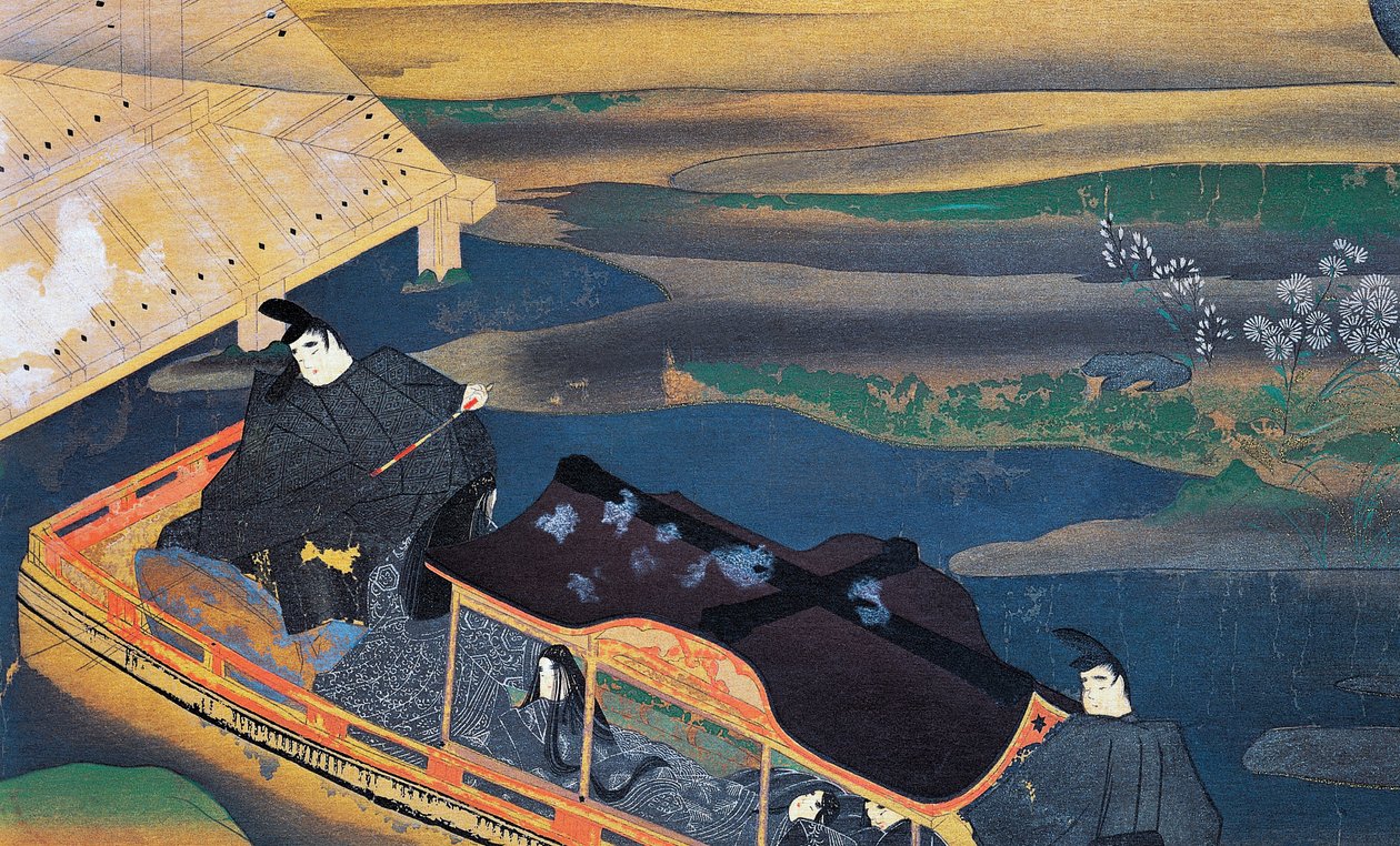 Barco ao luar, de Fujiwara Nobuzane (1176-1265), ilustração do Diário de Murasaki Shikibu, civilização japonesa de Japanese School