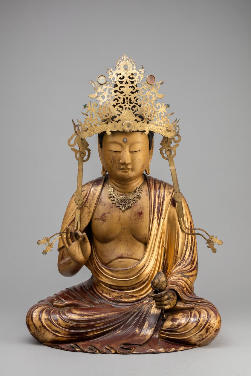 Bodissatva Kannon com flor de lótus (madeira, douradura e verniz) de Japanese School
