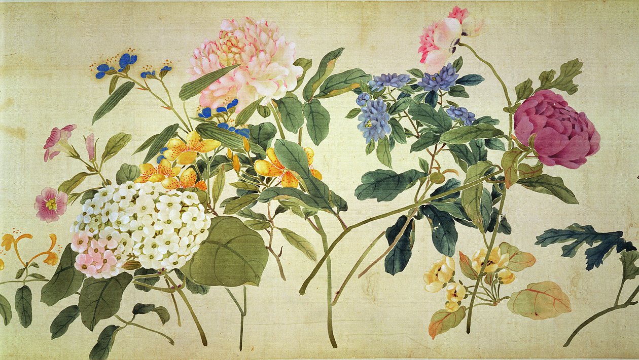 Estudo botânico de flores (wc em seda) de Japanese School