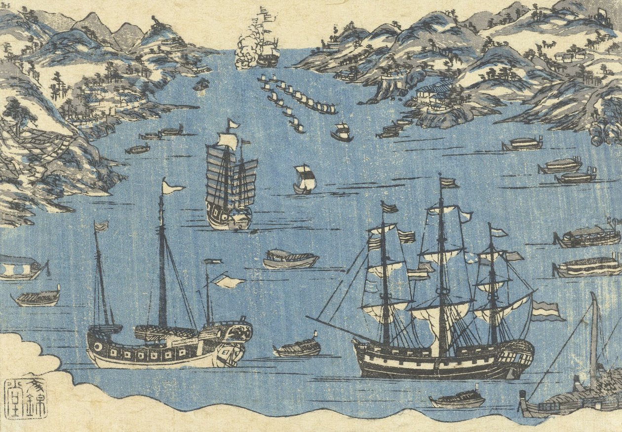 Impressão de Bunkindo de navios estrangeiros no porto de Nagasaki, 1800-50 de Japanese School