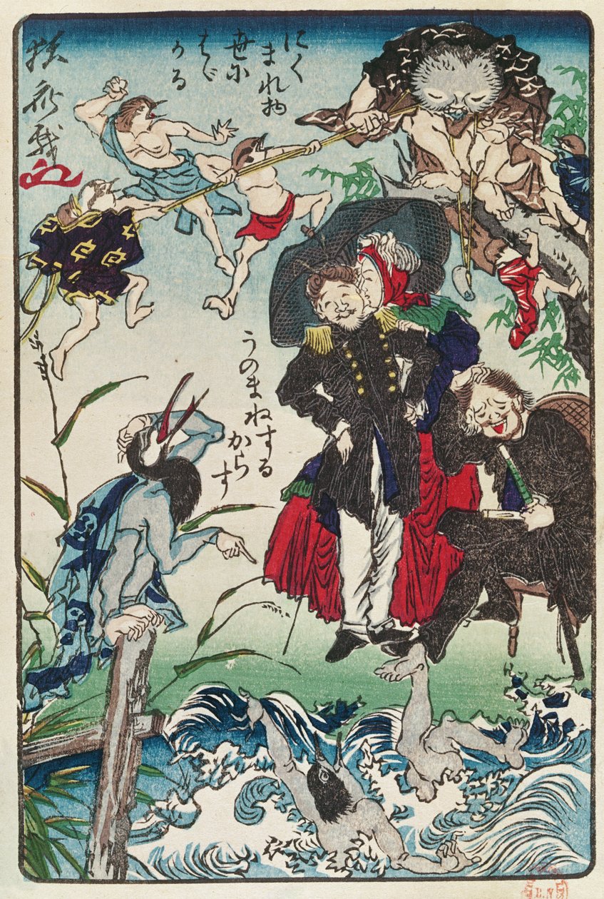 Caricatura do povo japonês usando roupas ocidentais, c.1870 (impressão em xilogravura a cores) de Japanese School