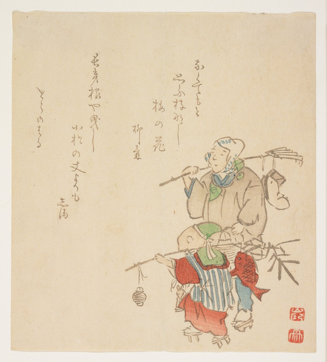 Levando as decorações do Ano Novo, janeiro de 1854 (impressão em xilogravura a cores) de Japanese School
