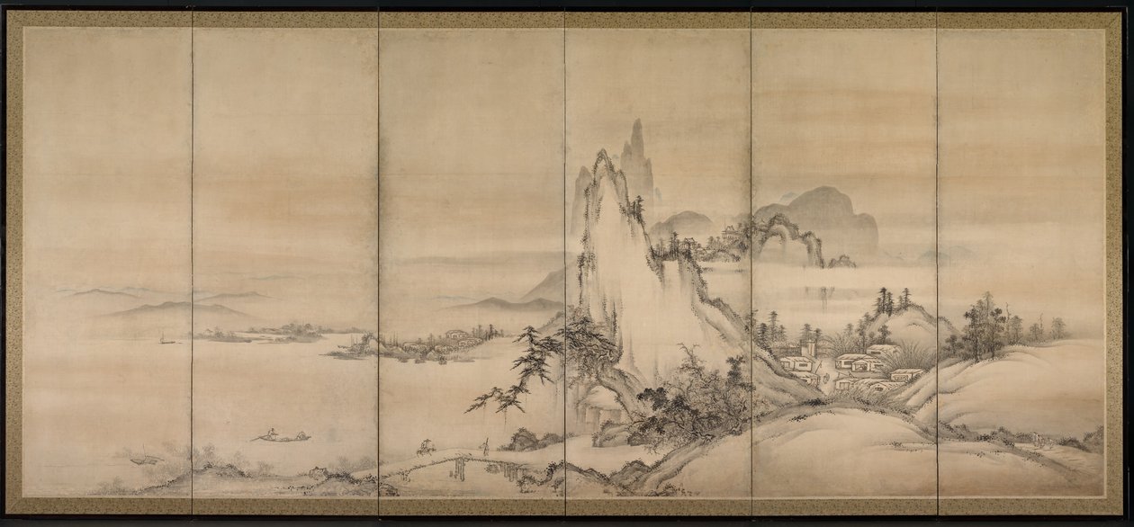 Paisagem chinesa, uma de duas telas de seis vezes de Japanese School