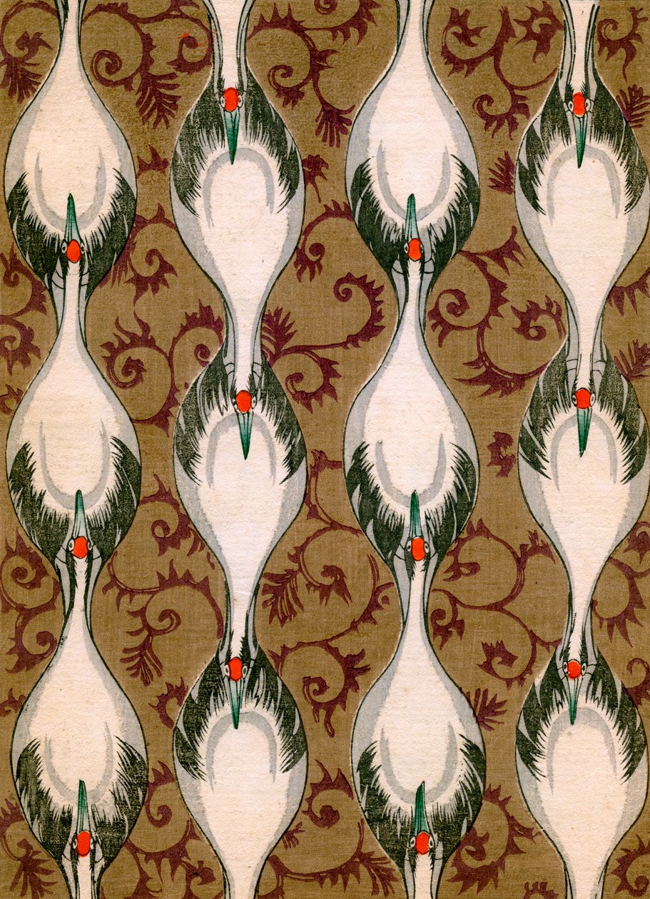 Guindastes Voando em um Padrão Abstrato de Japanese School