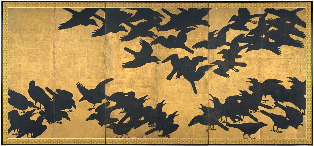 Corvos, início do século XVII (par de seis telas de painel; tinta e ouro sobre papel) de Japanese School