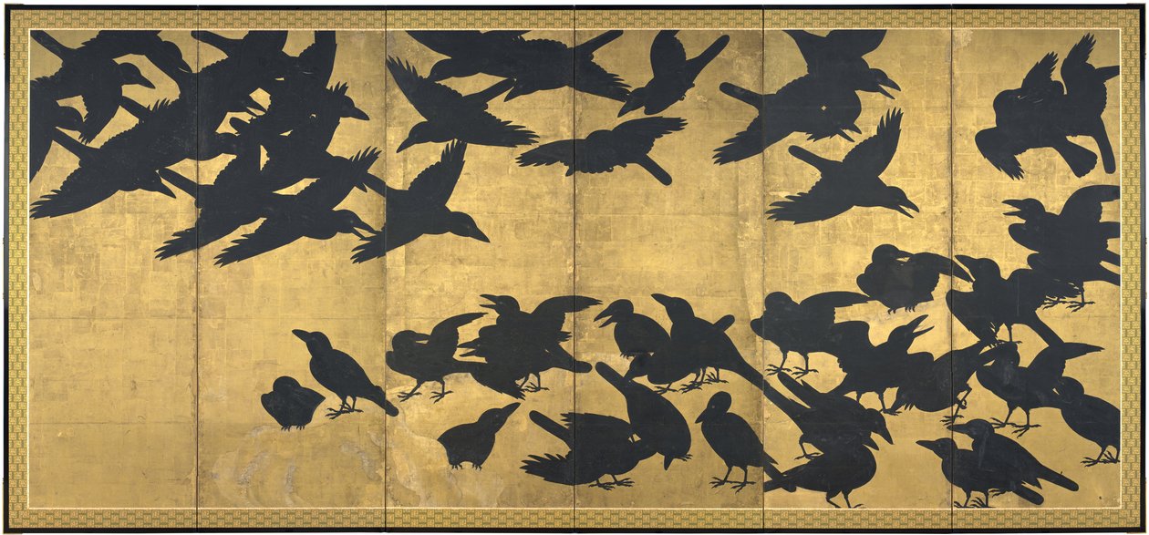 Corvos, início do século 17 (par de seis telas de painel; tinta e ouro no papel) de Japanese School