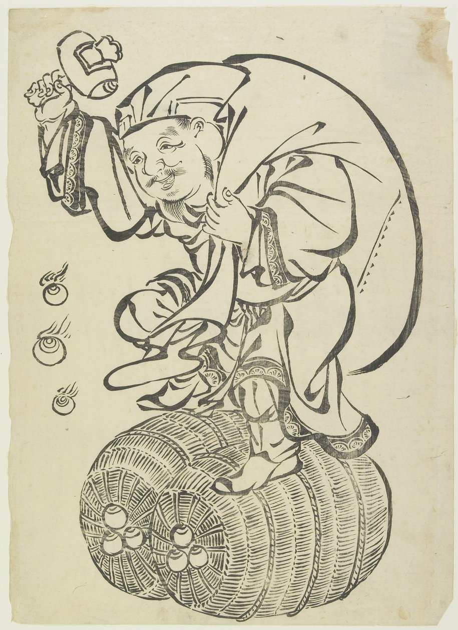 Daikoku Deus dançando em fardos de arroz, de meados ao final do século XVIII (xilogravura) de Japanese School