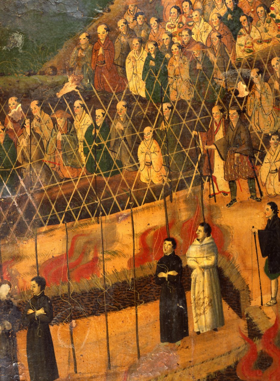 Detalhe de The Martyrdom of the Jesuits in Japan in 1622 (aguarela sobre papel) de Japanese School