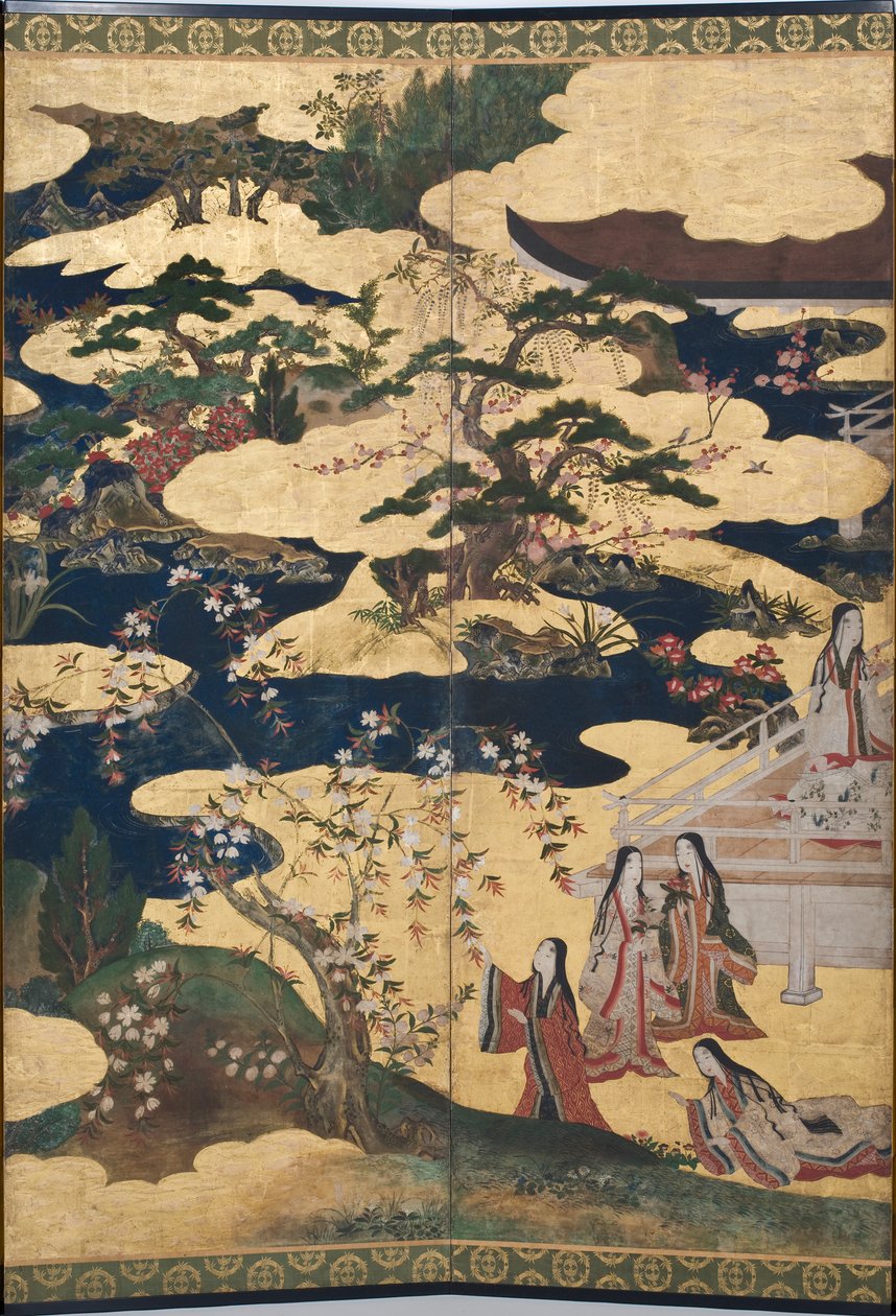 Detalhe da Primavera no Palácio, tela de seis dobras do conto de Genji, c.1650 (tinta, cores e ouro sobre papel) de Japanese School