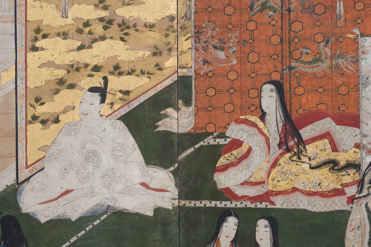 Detalhe da Primavera no Palácio, tela de seis dobras do conto de Genji, c.1650 (tinta, cores e ouro sobre papel) de Japanese School