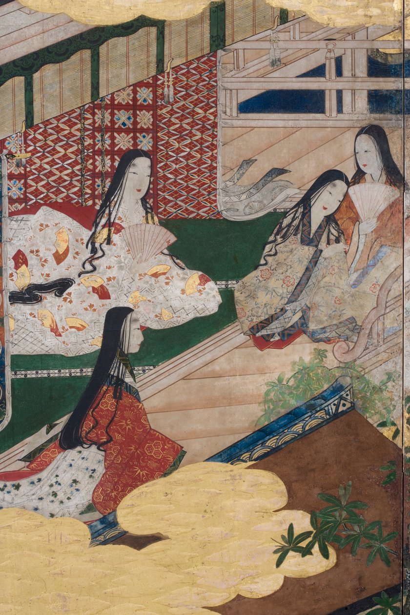 Detalhe da Primavera no Palácio, tela de seis dobras do conto de Genji, c.1650 (tinta, cores e ouro sobre papel) de Japanese School