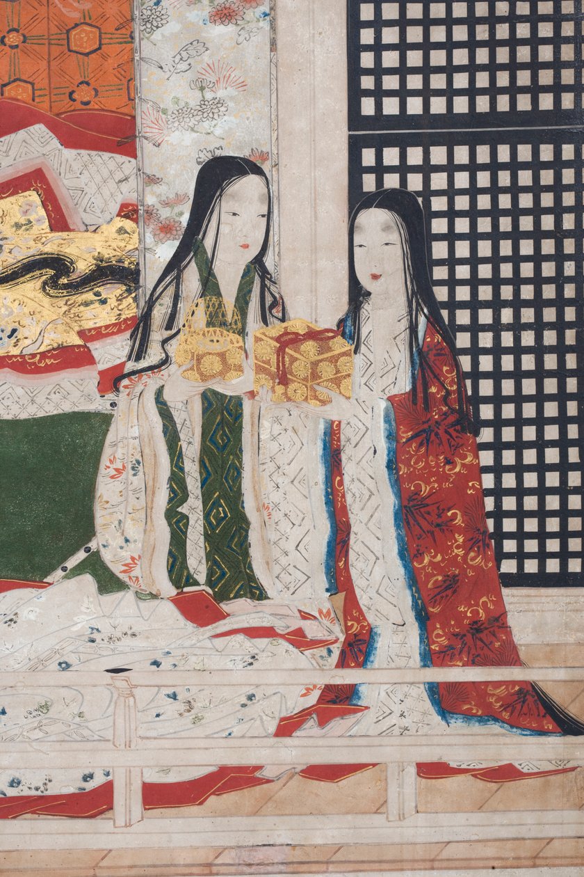 Detalhe da Primavera no Palácio, tela de seis dobras do conto de Genji, c.1650 (tinta, cores e ouro sobre papel) de Japanese School