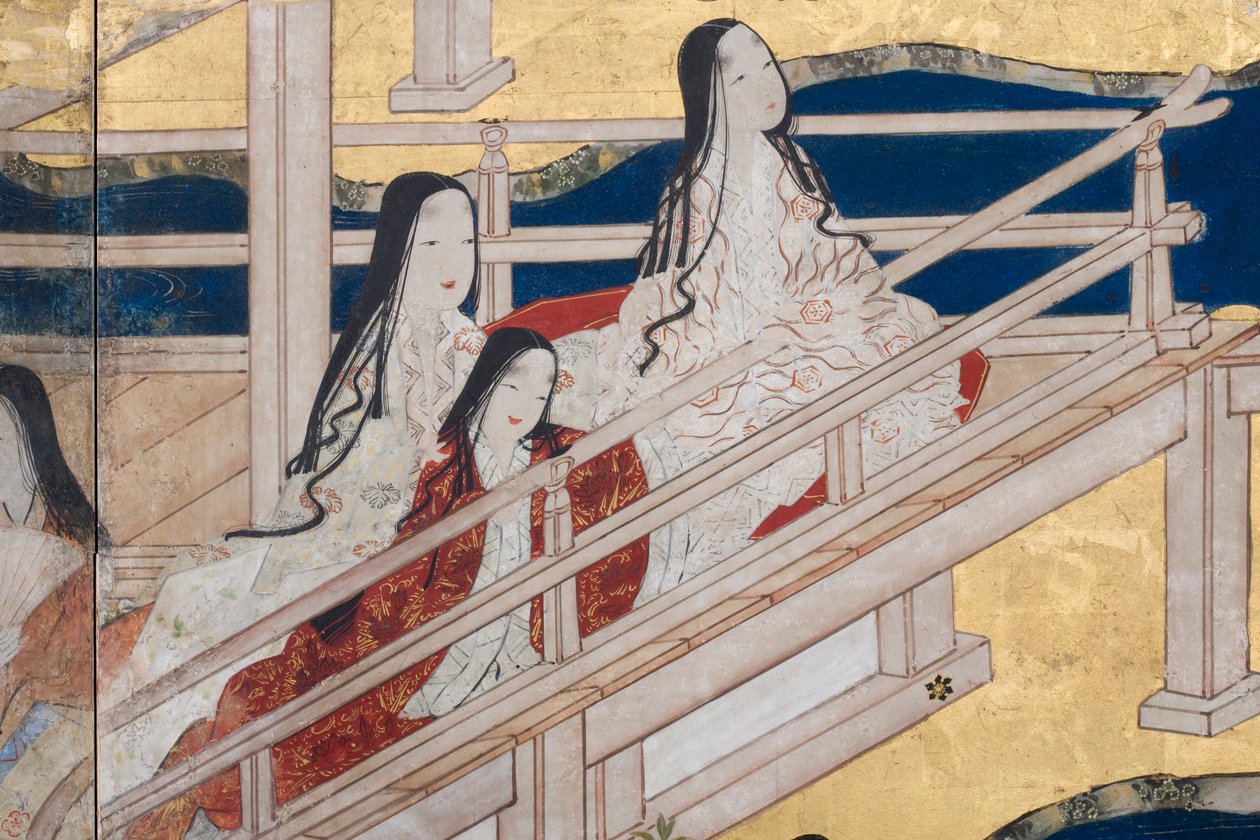 Detalhe da Primavera no Palácio, tela de seis dobras do conto de Genji, c.1650 (tinta, cores e ouro sobre papel) de Japanese School