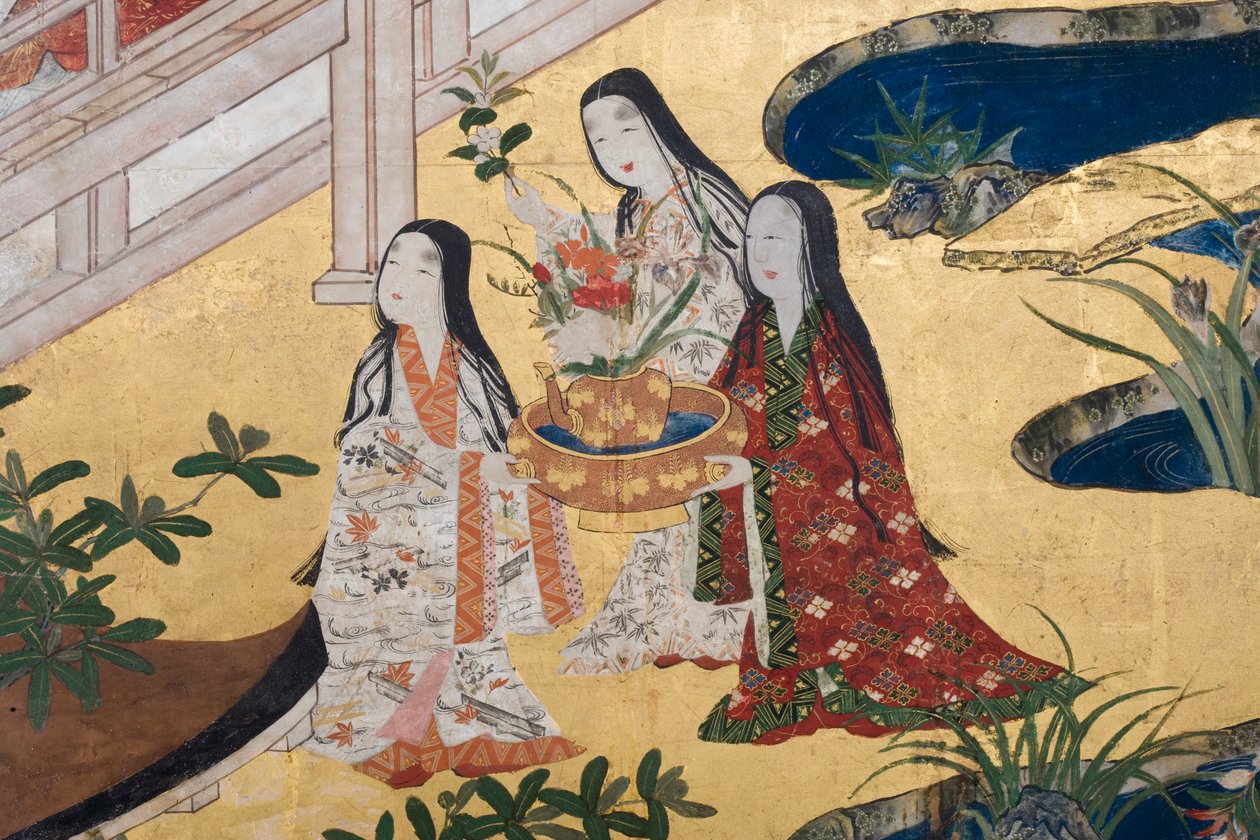 Detalhe da Primavera no Palácio, tela de seis dobras do conto de Genji, c.1650 (tinta, cores e ouro sobre papel) de Japanese School