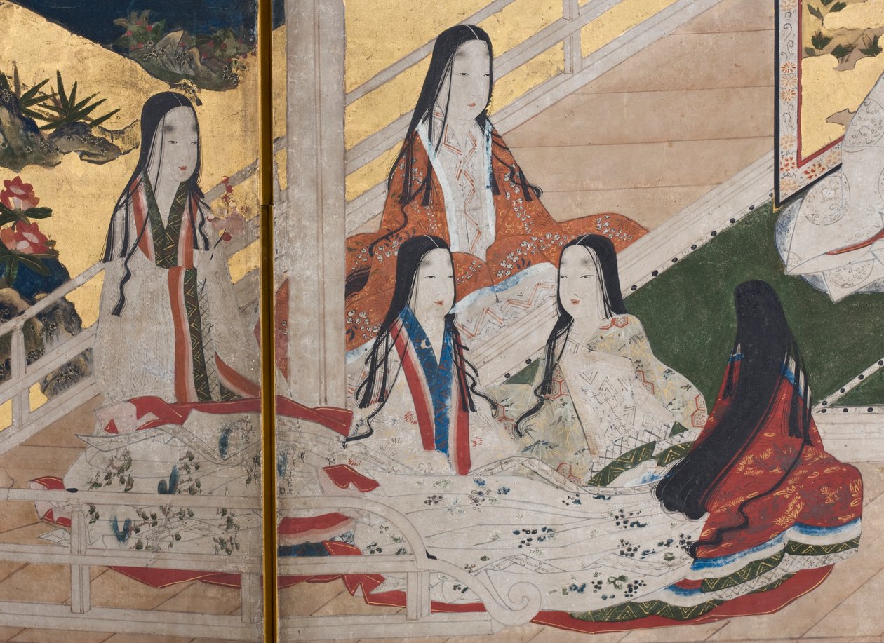 Detalhe da Primavera no Palácio, tela de seis dobras do conto de Genji, c.1650 (tinta, cores e ouro sobre papel) de Japanese School