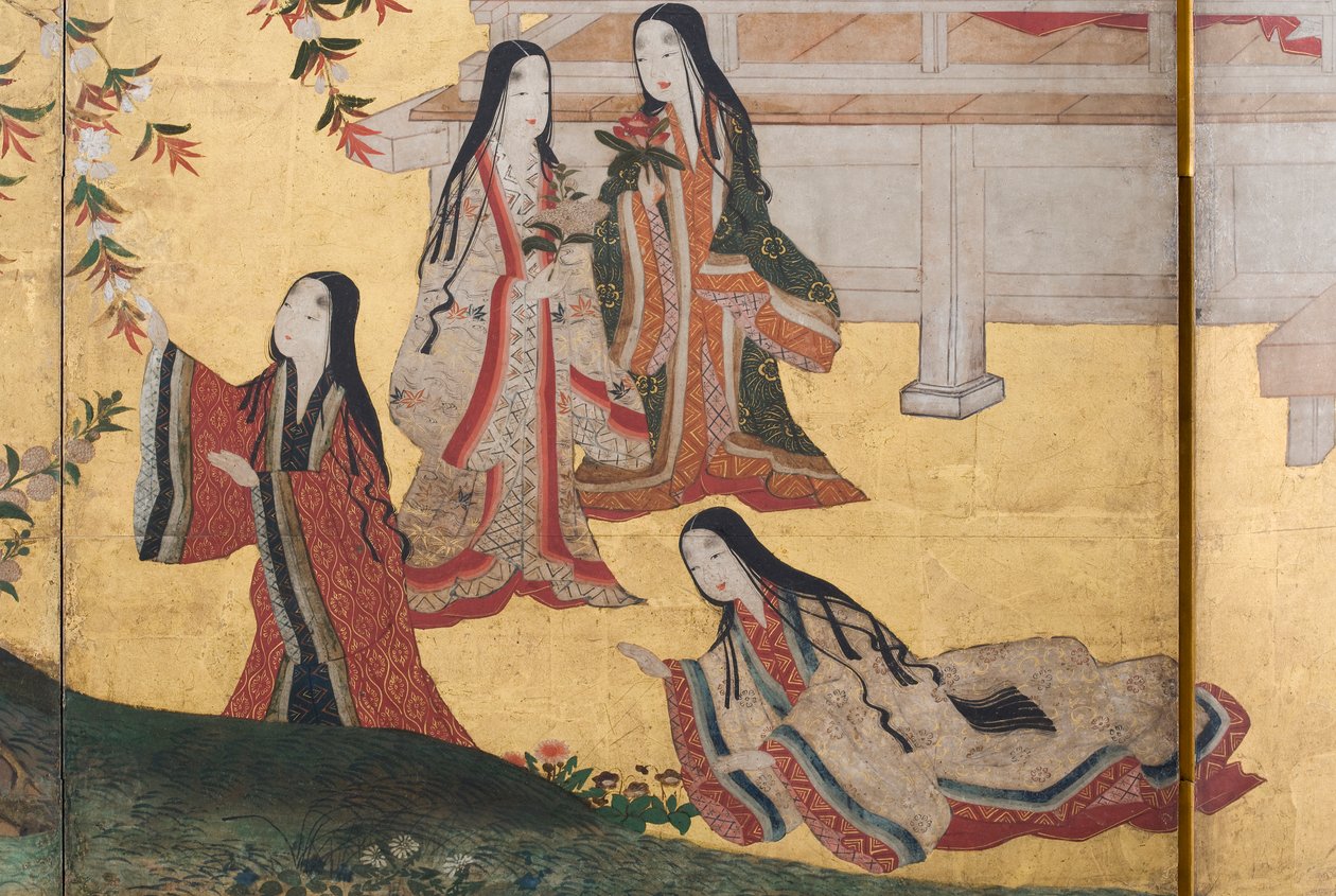 Detalhe da Primavera no Palácio, tela de seis dobras do conto de Genji, c.1650 (tinta, cores e ouro sobre papel) de Japanese School