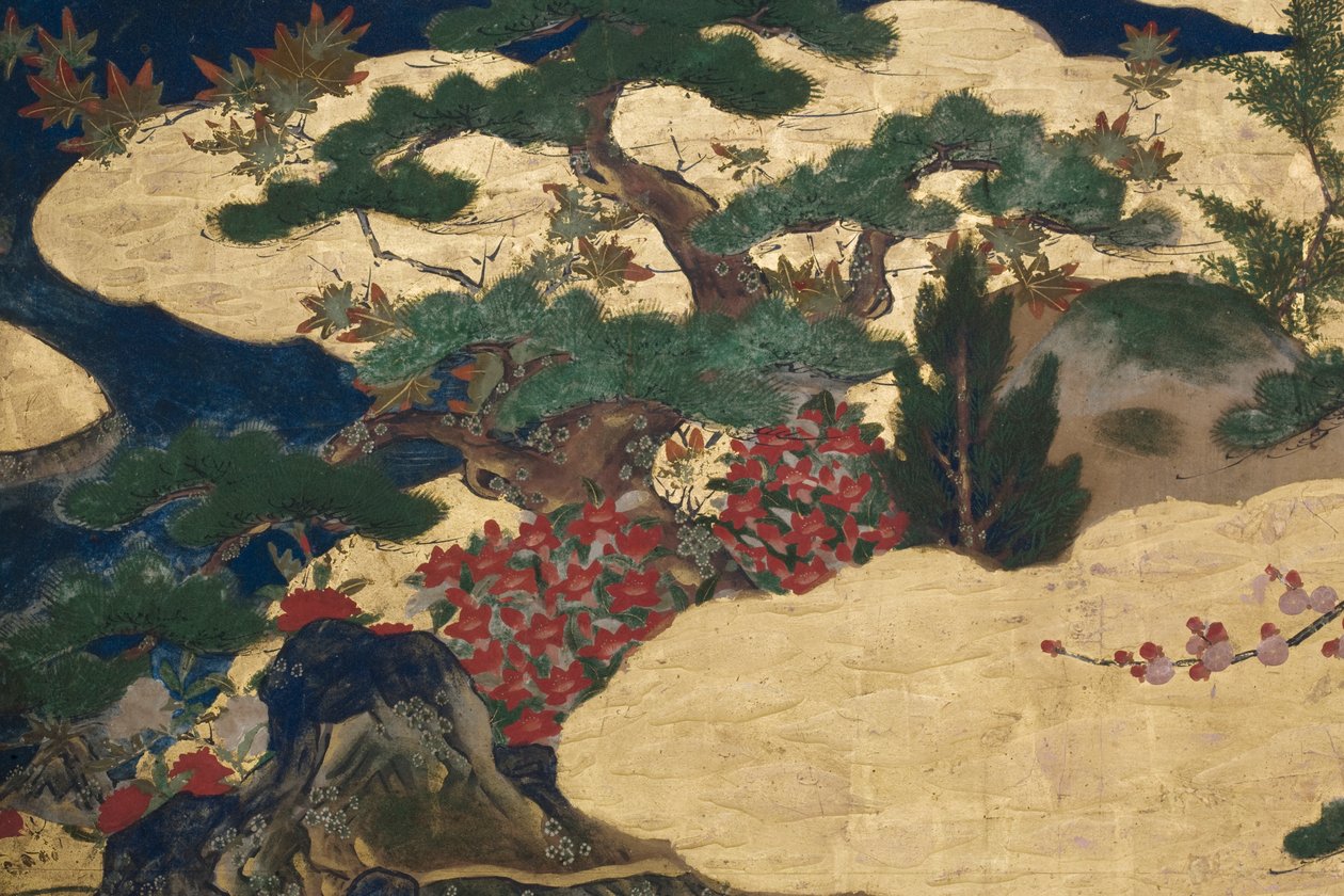 Detalhe da Primavera no Palácio, tela de seis dobras do conto de Genji, c.1650 (tinta, cores e ouro sobre papel) de Japanese School