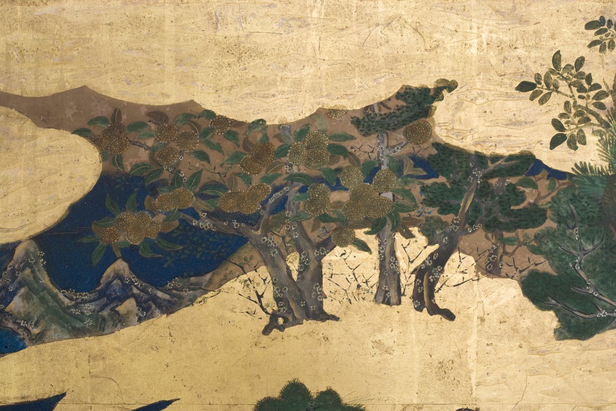 Detalhe da Primavera no Palácio, tela de seis dobras do conto de Genji, c.1650 (tinta, cores e ouro sobre papel) de Japanese School