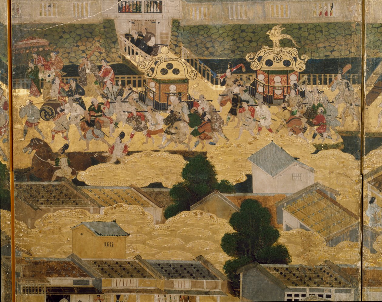 Pormenor de "Views In and Around Kyoto" (Rakuchu rakugai zu), ca.1616-24 (tinta, cor e folha de ouro sobre papel) de Japanese School