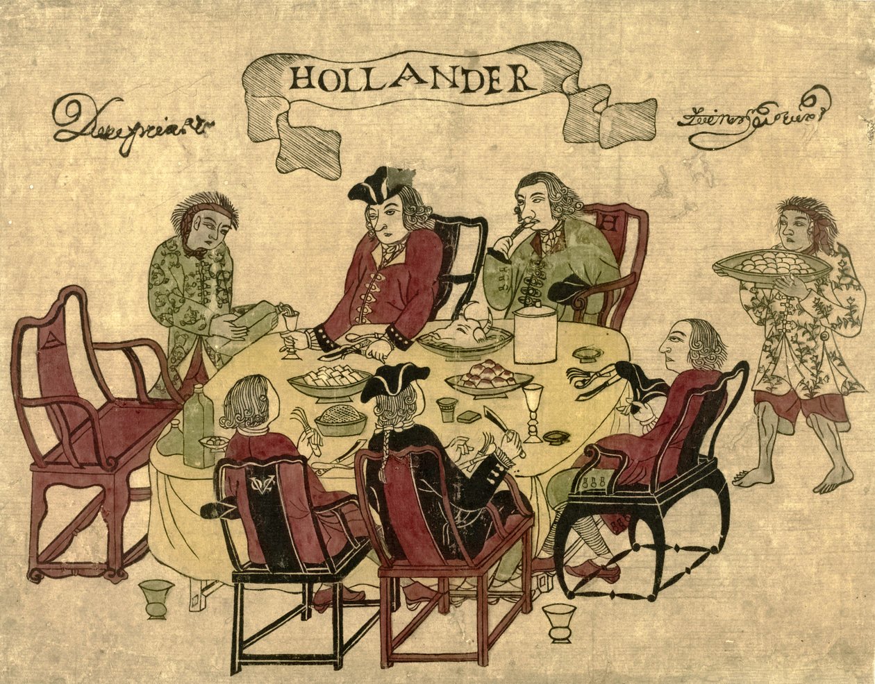 Empregados holandeses da VOC sendo servidos por funcionários javaneses em Deshima, 1790-1810 de Japanese School