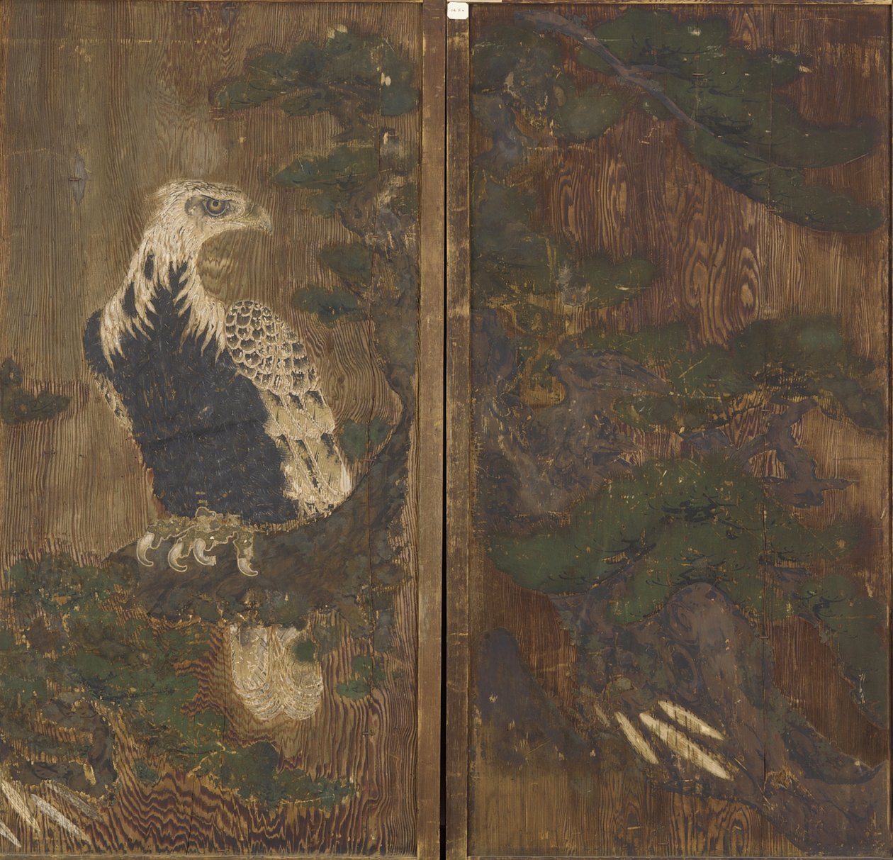 Águia em um pinheiro, período Momoyama, possivelmente do século 17 (tinta e cor na madeira) de Japanese School