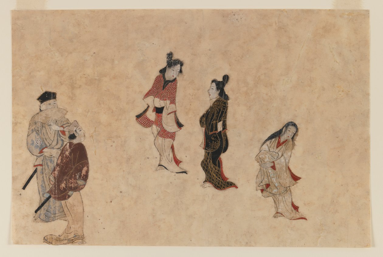 Pintura precoce de Ukiyo-e (tinta, cor e ouro sobre papel) de Japanese School