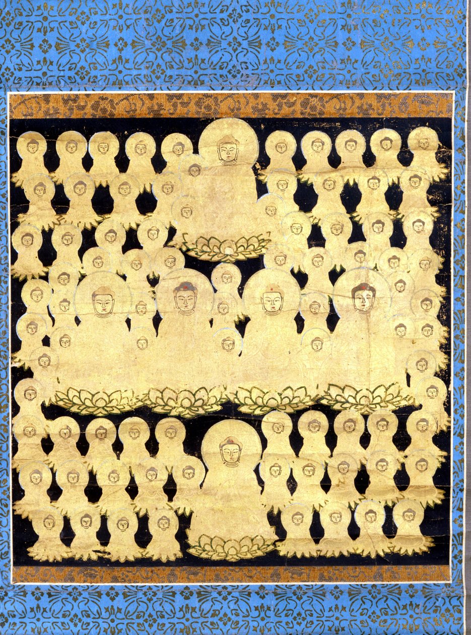 Oitenta e cinco actuações do Buda japonês Amida Bosatsu. Pintura em tela do século XVII. de Japanese School