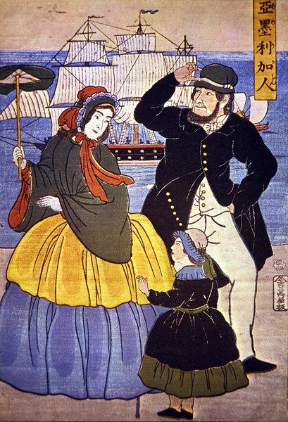 Família europeia na frente do porto de Yokohama pintada por um artista japonês em 1861 de Japanese School