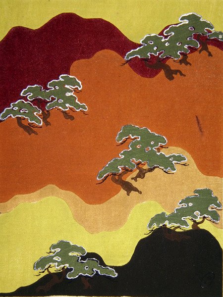 Desenho de tecido de montanha com árvores, final do século XIX (aguarela) de Japanese School