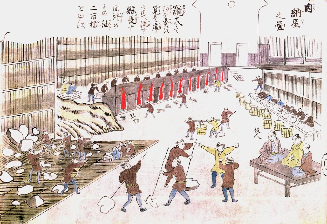 Fábrica para a preparação de produtos de baleia, final do século XIX (gravura a cores) de Japanese School