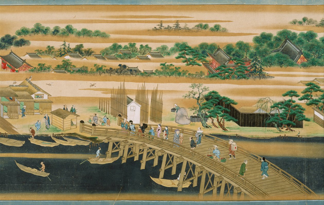 Locais Famosos do Rio Sumida - Anônimo - Segunda Metade do século XVIII - Aquarela e tinta sobre papel - 39,7x73,3 - Museu de Arte Suntory de Japanese School