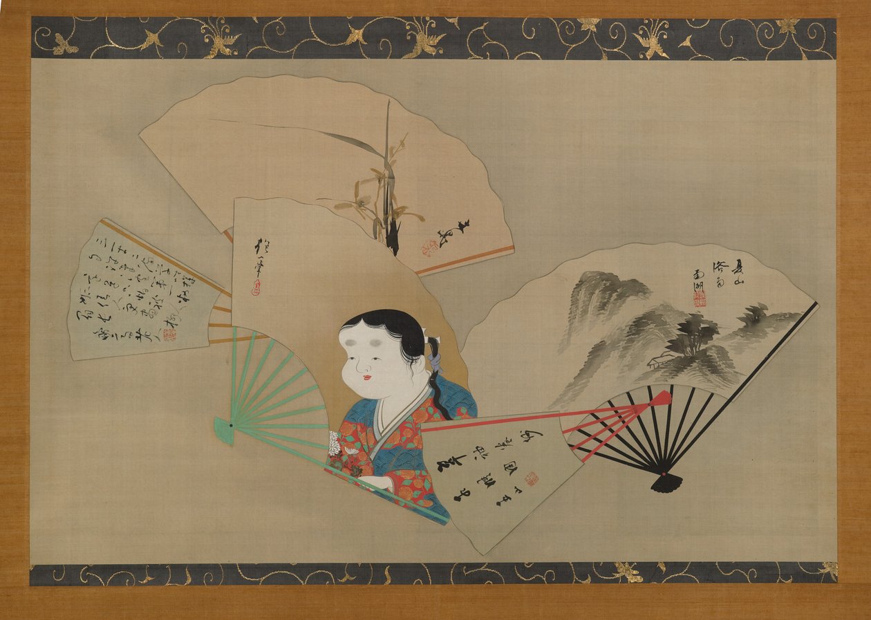 Cinco fãs, por Sakai Hoitsu (1761-1828), Tani Buncho (1763-1840), Haruki Nanko (1759-1839), Kameda Bosai (1752-1826) e Kikuchi Gozan (1772-1855), c.1820s (pergaminho) tinta, gofun e ouro em seda) de Japanese School