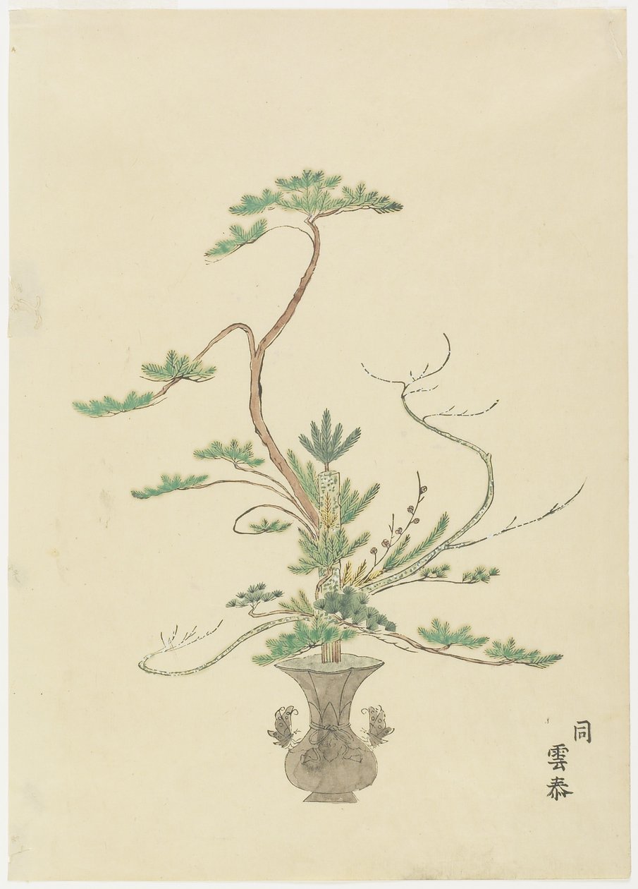Arranjo de flores por Takada Anritsub Untai; Pinho, Bambu e Ameixa (impressão em xilogravura colorida à mão) de Japanese School