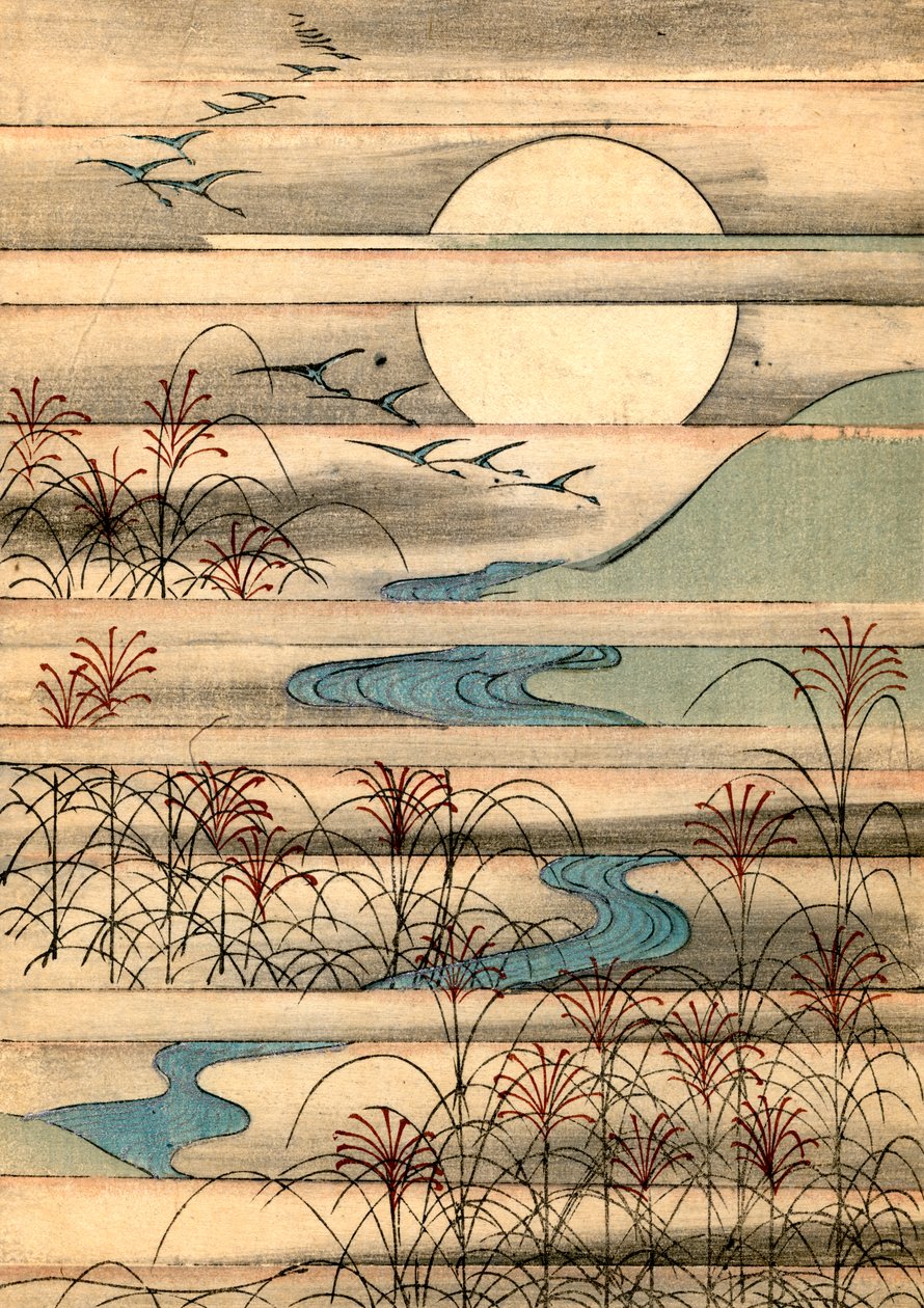 Lua Cheia Sobre a Paisagem de um Rio de Japanese School