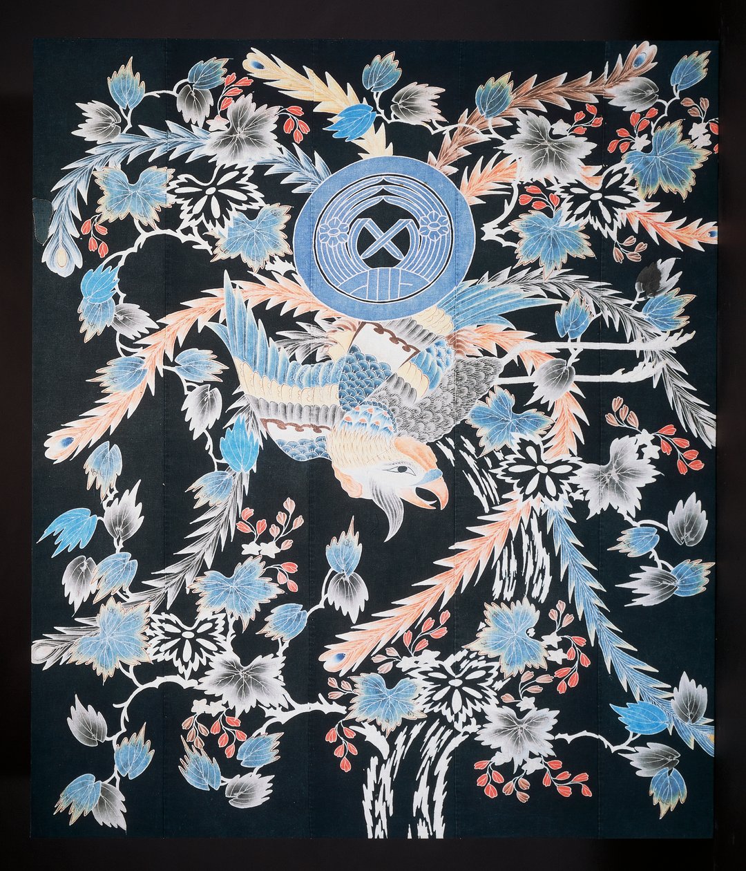 Colcha Futonji com motivos de fênix, paulownia e narcisos, algodão, corante com anil, pigmento e tinta de Japanese School