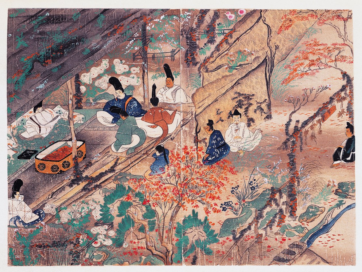 O estadista e poeta Heian Sugawara Michizane (845-903), conhecido como Tenjin-San (espírito celestial), exilado no santuário Kitano Tenman-Gu em Kyoto dividindo roupas doadas pelo ex-imperador Fujiwara Nobuzane (1176-1268), Kamakura período (1185-1333), Ja de Japanese School