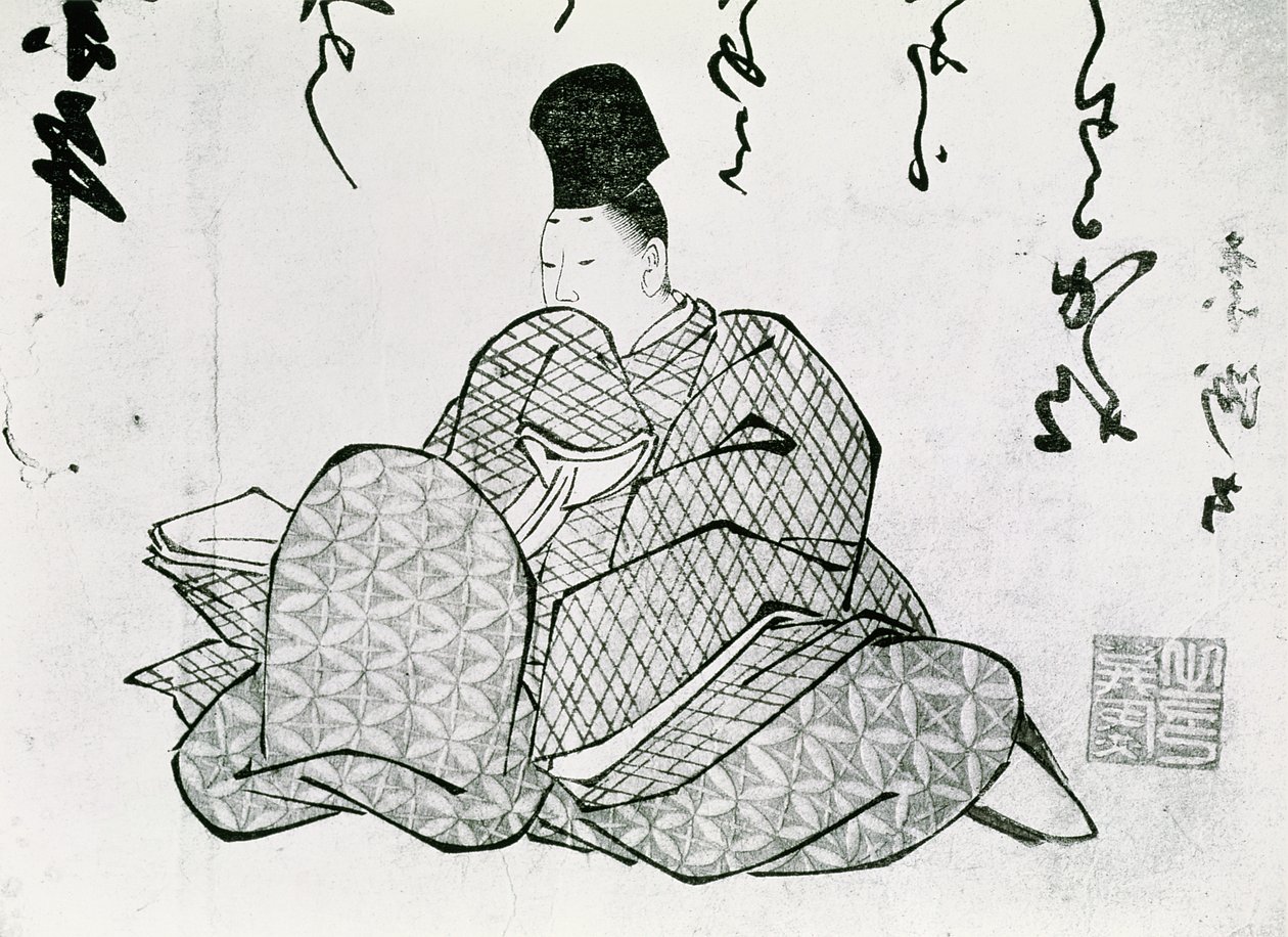 Herói de um Monogatari por Ariwara no Narimira (825-880) do século XVII a XIX (impressão em xilogravura) de Japanese School