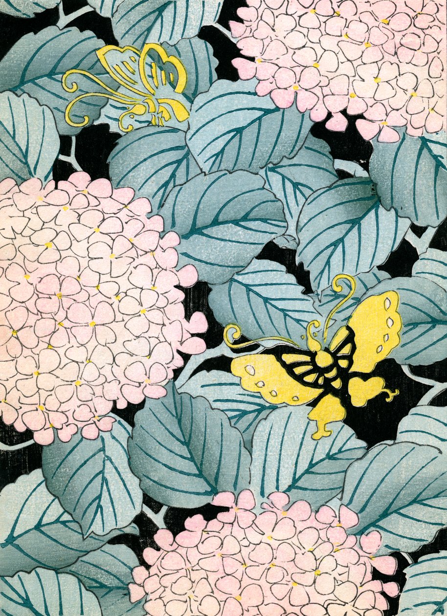 Hortênsias e borboletas de Japanese School