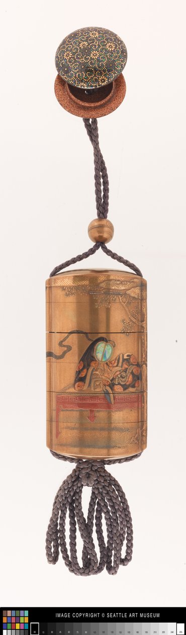 Inro decorado com uma senhora da corte, ojime e netsuke de Japanese School