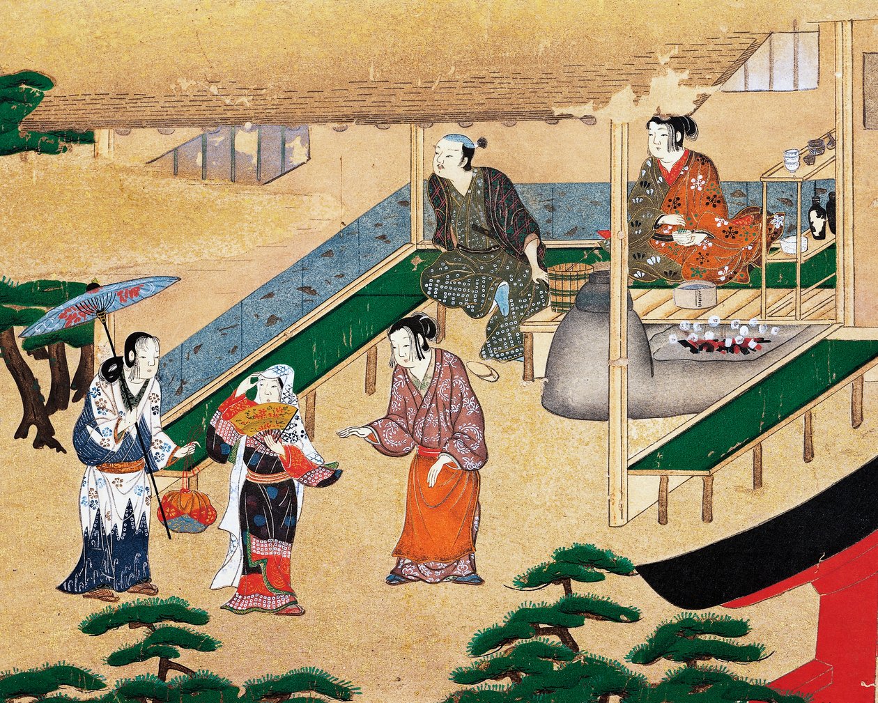 Dentro de uma casa nos arredores de Quioto, ukiyo-e, pintura em seda, escola de Tosa, civilização japonesa de Japanese School