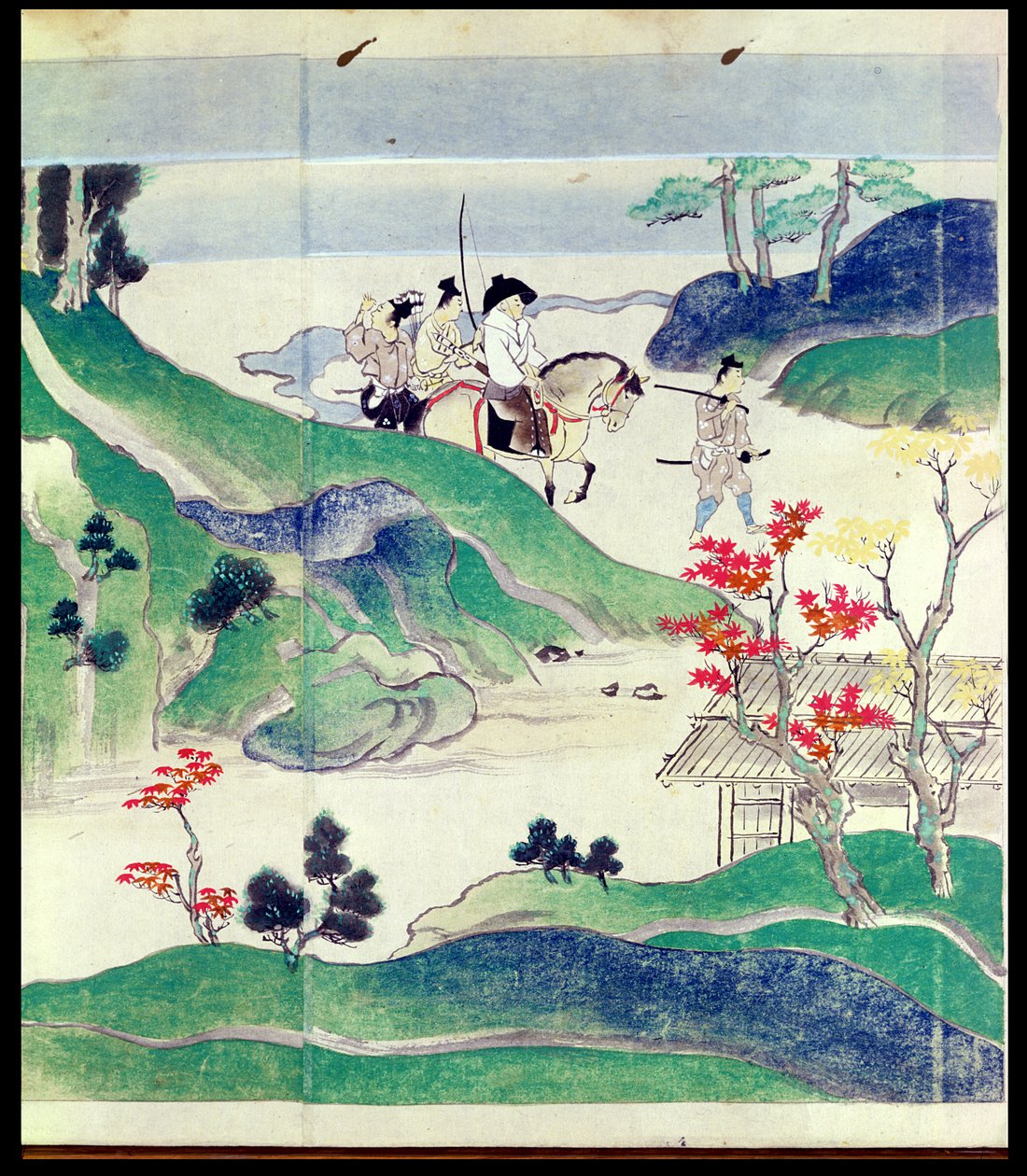 Ippen Cavalgando com seu Acompanhante, a partir de uma história ilustrada da vida do monge Ippen (1239-89) (wc no papel) de Japanese School