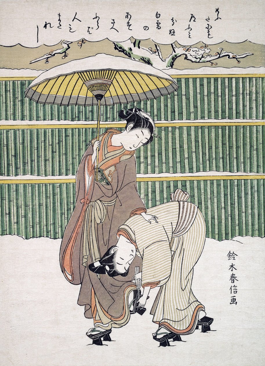 Amantes japoneses andando na neve, pub. C. 1768 de Japanese School