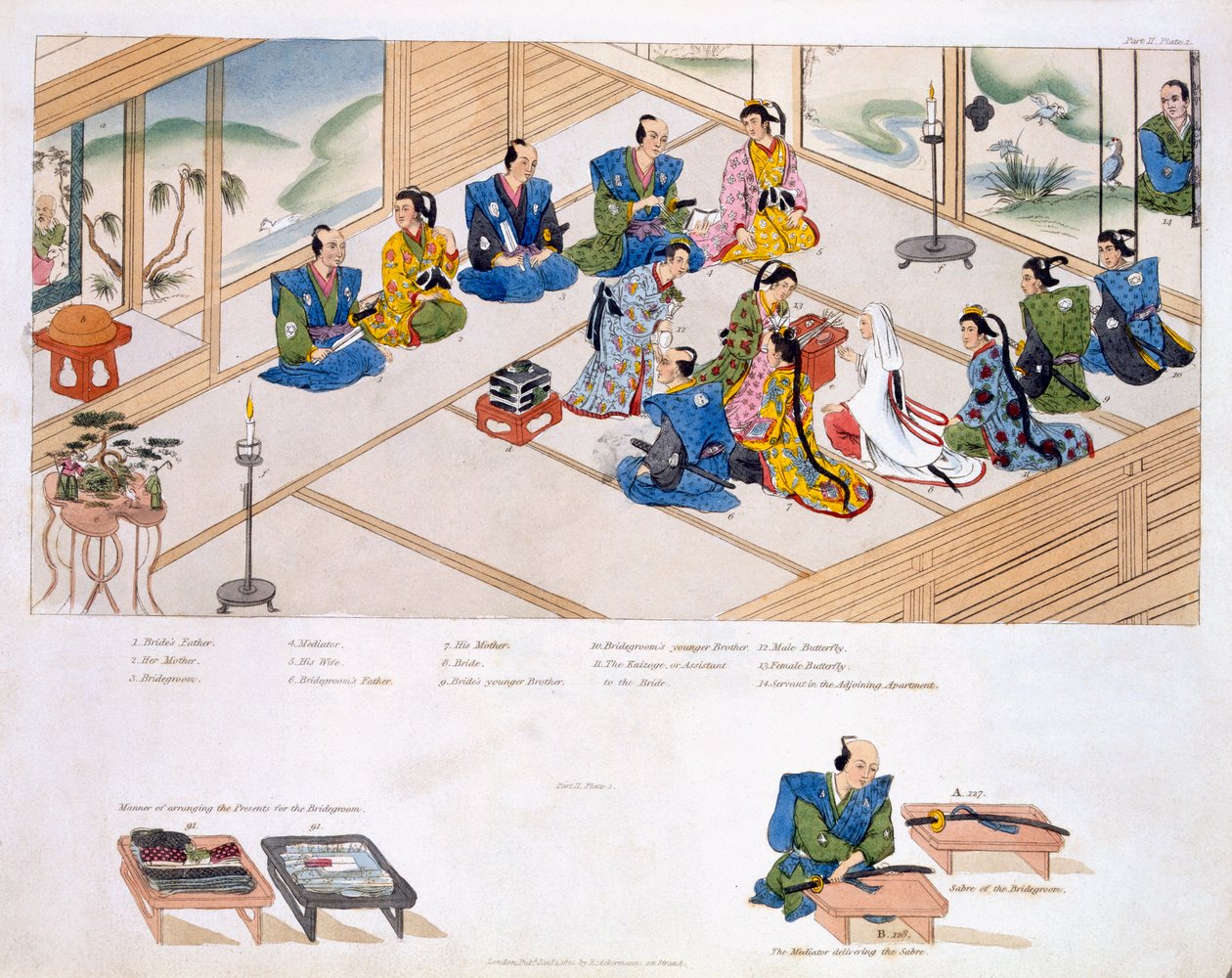 Casamento japonês: as duas famílias reunidas, com mediador, c.1820 de Japanese School